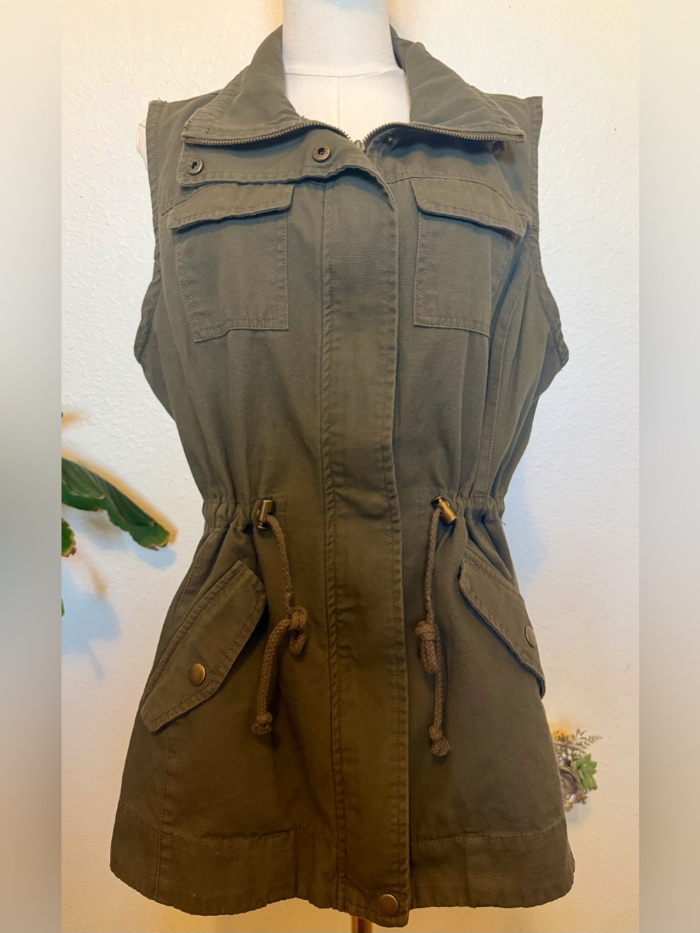 Sebby Olive Green Sleeveless Utility Vest with Drawstring Waist